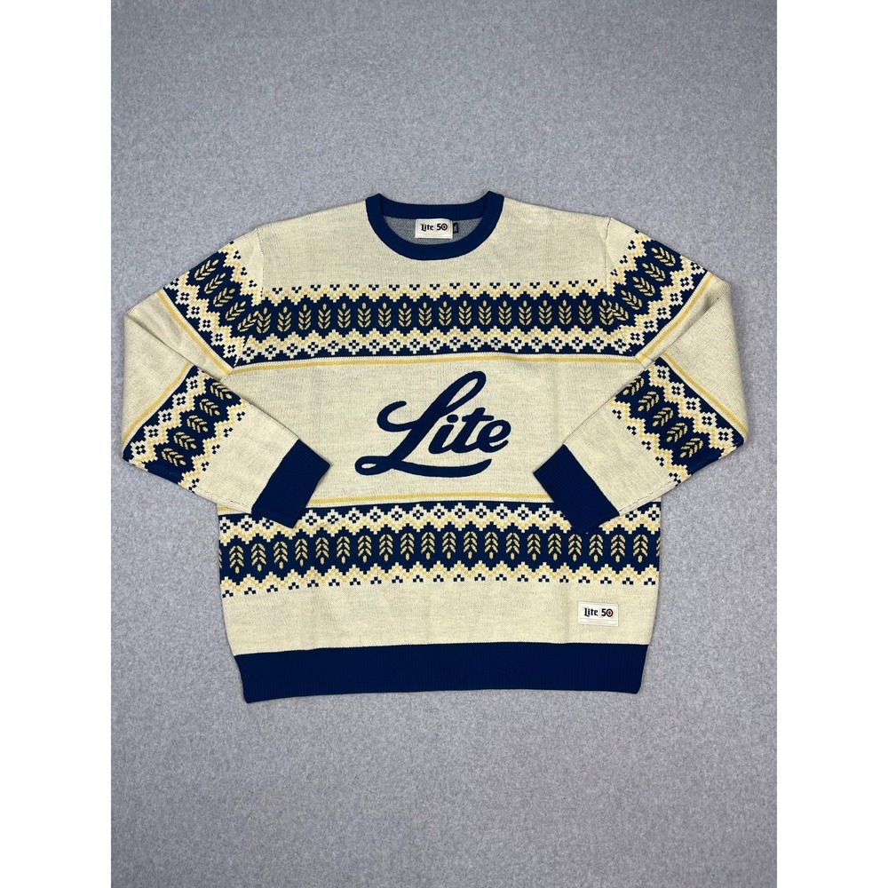 Miller Lite Holiday Knit Sweater Mens 2XL Beige Fair Isle Crew Neck Long Sleeve